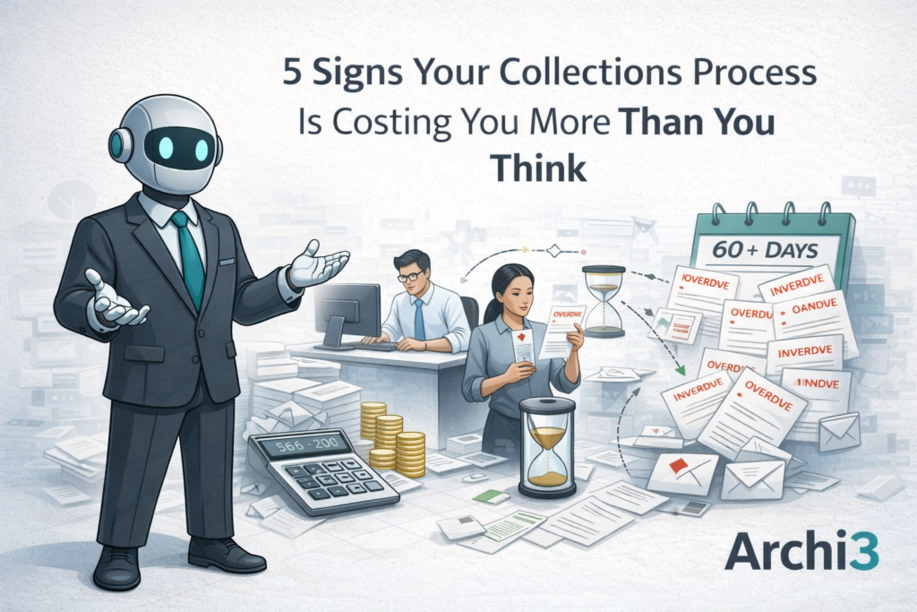 5 signs your collections process is costing you more than you think, illustrated scene from Archi3 showing a robot in a suit, stressed office workers, overdue invoices, an hourglass, and a 60-plus days past due calendar.