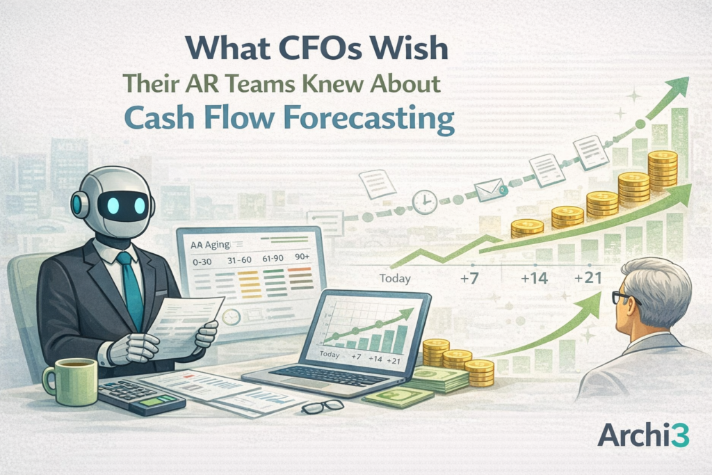 AI assistant reviewing accounts receivable aging and cash flow forecasting data with CFO, showing projected growth and AR insights dashboard