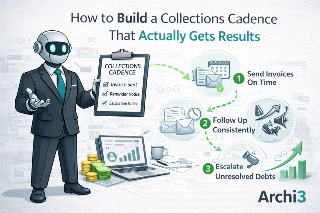 Collections cadence checklist showing three steps: send invoices on time, follow up consistently, and escalate unresolved debts.